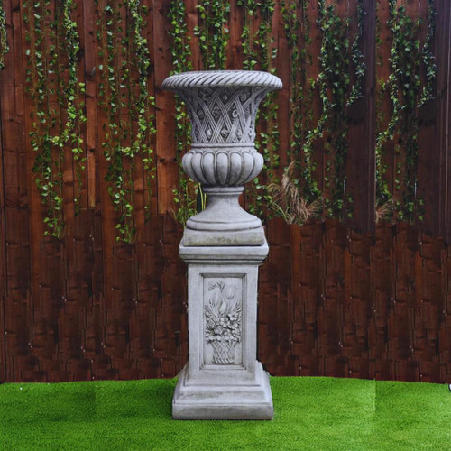 Large Stone Cast Garden Vase and Plinth with Flower Design Large Stone Cast Garden Vase and Plinth with Flower Design