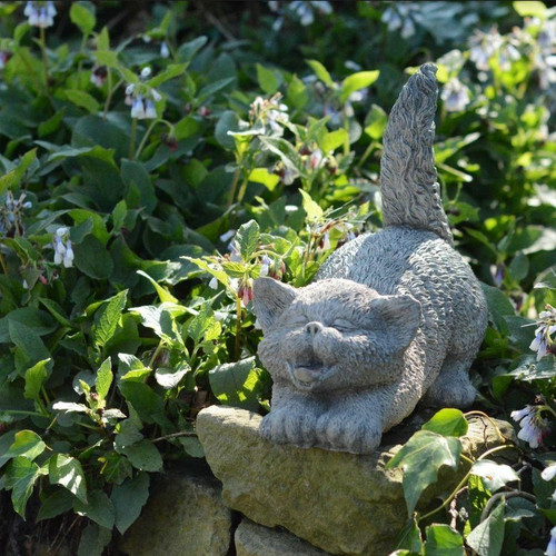 Stone Cast Tail Up Cat Sculpture