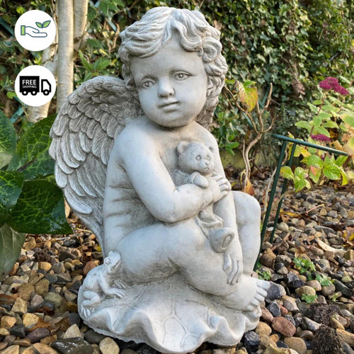 Stone Cast Cherub Ornament with Teddy in Hand