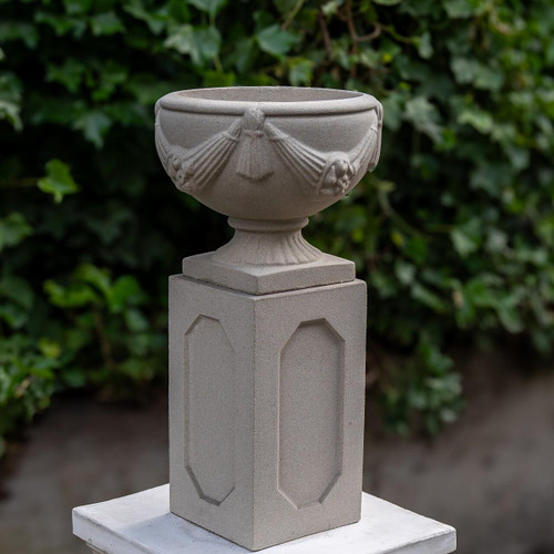 Large Round Sandstone Garden Urn on Square Plinth Large Round Sandstone Garden Urn on Square Plinth