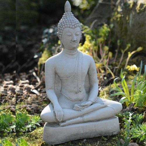 Medium Stone Cast Buddha Statue with Traditional Hat