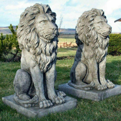 Two Sitting Lions Figures Concrete Right and Left Facing Lions 