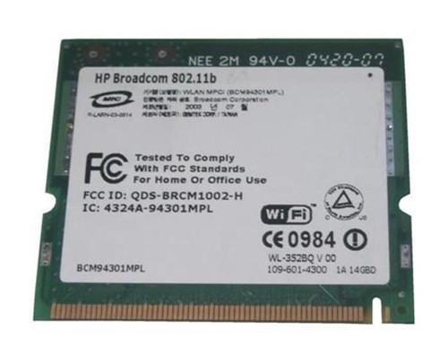 Broadcom BCM94301MPL Mini PCI WLAN Wireless Network Card for HP Compatible - 2.4GHz 54Mbps IEEE 802.11a/b/g