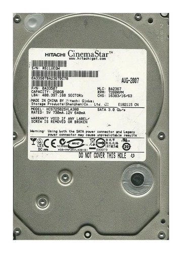 Hitachi CinemaStar 0A34074 250GB 7200rpm SATA 3Gbps 3.5in Hard Drive