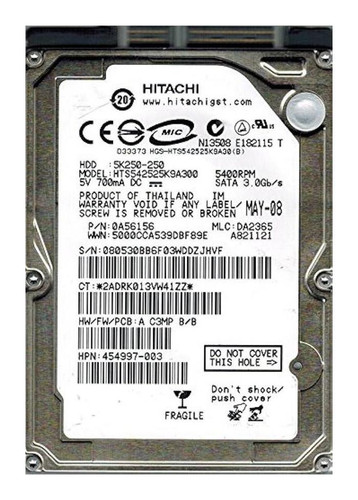 Hitachi Travelstar HTS542525K9A300 250GB 5400rpm SATA 3Gbps 2.5in Hard Drive