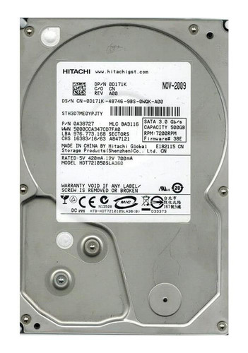 Hitachi Deskstar HDT721050SLA380 500GB 7200rpm SATA 3Gbps 3.5in Hard Drive