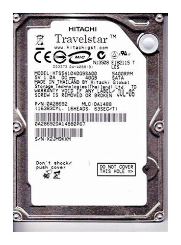 Hitachi HTS541040G9AS00 40GB 5400rpm SATA 1.5Gbps 2.5in Hard Drive