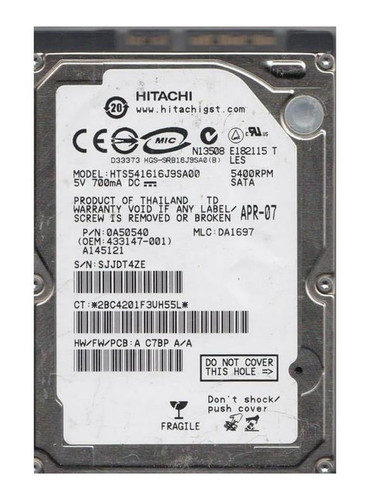 Hitachi Travelstar HTS541616J9SA00 160GB 5400rpm SATA 1.5Gbps 2.5in Hard Drive