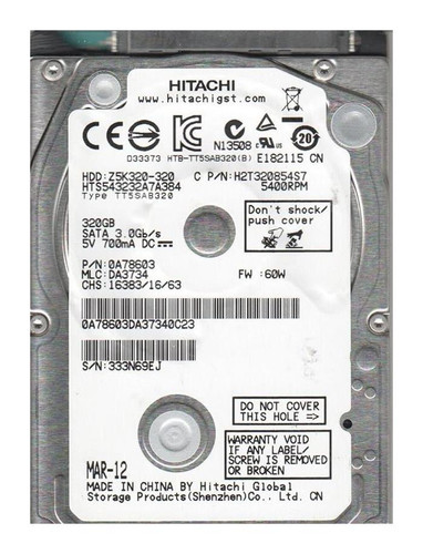 Hitachi Travelstar HTS543232A7A385 320GB 5400rpm SATA 3Gbps 2.5in Hard Drive