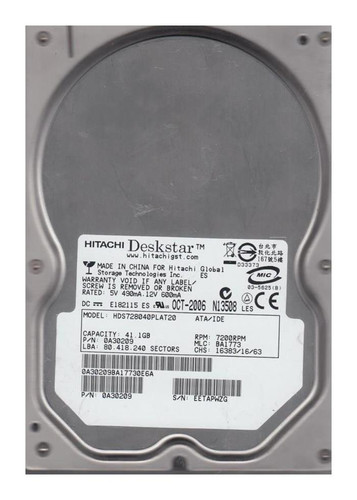 Hitachi Deskstar 0A3207306 40GB 7200rpm SATA 3Gbps 3.5in Hard Drive