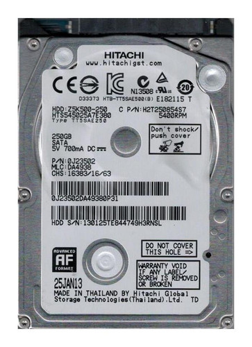 Hitachi Travelstar 0J43132 250GB 5400rpm SATA 6Gbps 2.5in Hard Drive