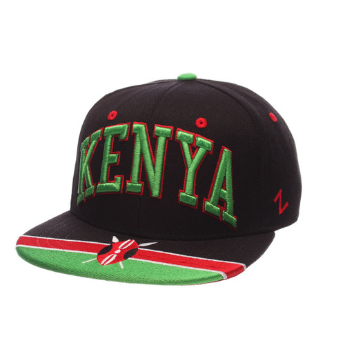 Kenya Super Star World by Zephyr. Made from black ZClassic™. Adjustable 2-color red & green snapback closure and embroidered flag visor.