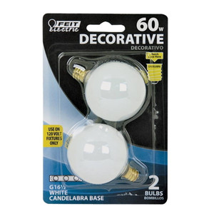 Vanity Globe Bulb- White- G 16 1/2-  60 Watt 120 VAC- 2 Pack