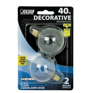 Vanity Globe Bulb- Clear- G 16 1/2- 40 Watt 120 VAC- 2 Pack