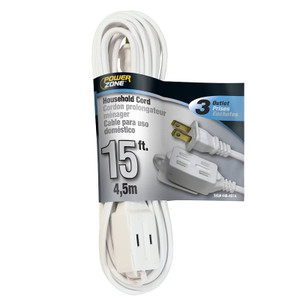 Electrical Extension Cord- 16/2- 15'- With 3 Way Cube- White