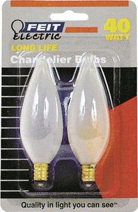 Incandescent Lamp- Candelabra Base- Torpedo Tip- 40 Watt- Frosted- 2 Pack