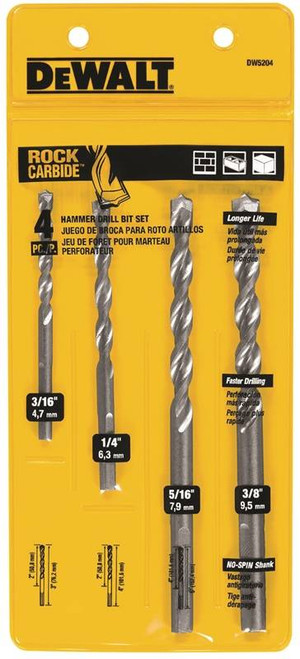 Masonry Percussion Drill Bit Set- 3/16"- 1/4"- 5/16"- 3/8"- With Pouch