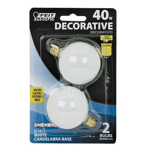 Vanity Globe Bulb- White- G 16 1/2- 40 Watt 120 VAC- 2 Pack