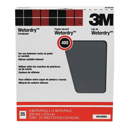 3M- Wet/Dry Sandpaper- 400 Grit- 9" x 11"- 25 Sheets