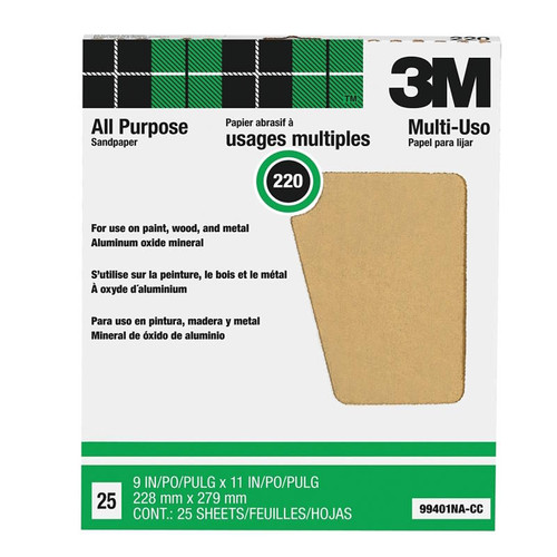 3M- Sanding Paper- 220 Grit- 9" x 11"-Aluminum Oxide- 220 Grit- 25 Pack