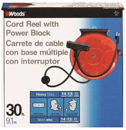 Electrical Power Cord Reel- 30'- Power Block With 3 Outlets- Grounded- Orange