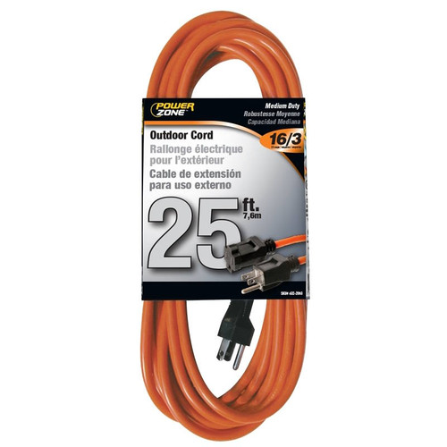 Extension Power Cord- 16/3-  25'- 13 Amp- 125 VAC- Outdoor- Orange