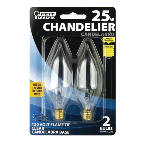 Incandescent Lamp- Candelabra Base- Flame Tip- 25 Watt- Clear- 2 Pack