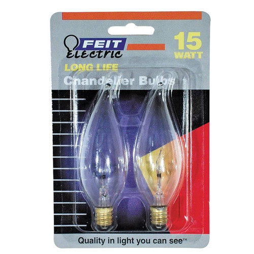Incandescent Lamp- Candelabra Base- Flame Tip- 15 Watt- Clear- 2 Pack