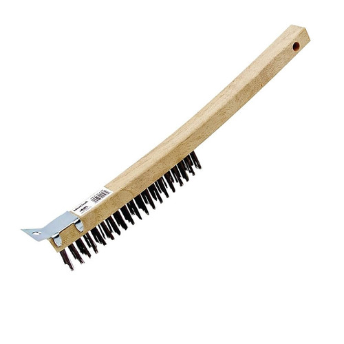 Wire Brush- Long Wood Handle- With Scraper- Steel Bristles
