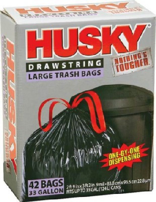 Husky HK33DS042B 33 Gallon 9 Mil Drawstring Trashbag Black: Trash Bags 33  Gallon (073257008396-1)