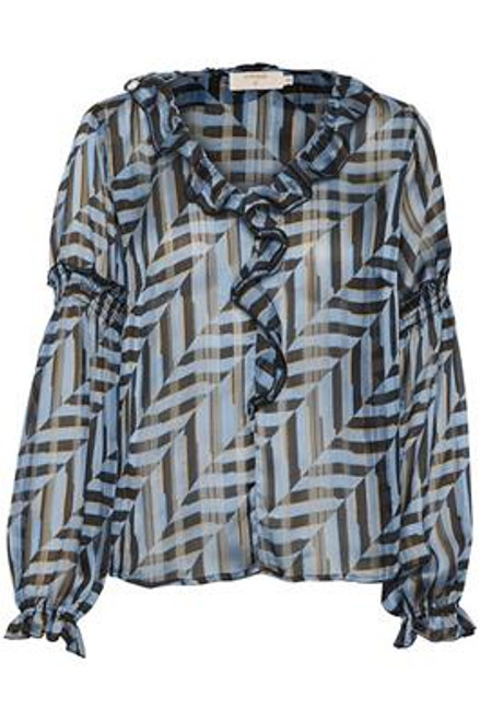 Cream Blue Striped Blouse with Ruffle Detailing