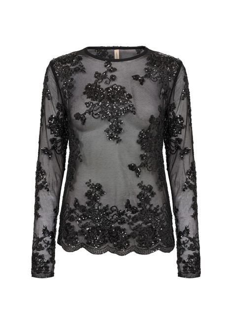 Soya Concept Black mesh top with Floral sequin design