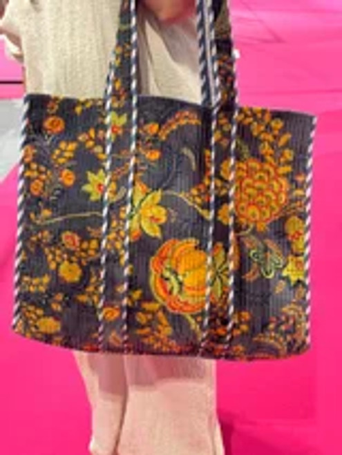 Grey floral Velvet tote bag .