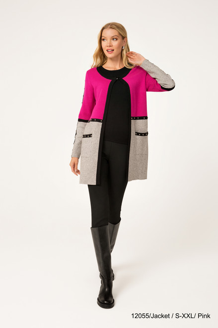 Passioni Grey & Pink Contrast Cardigan with Stud Detail