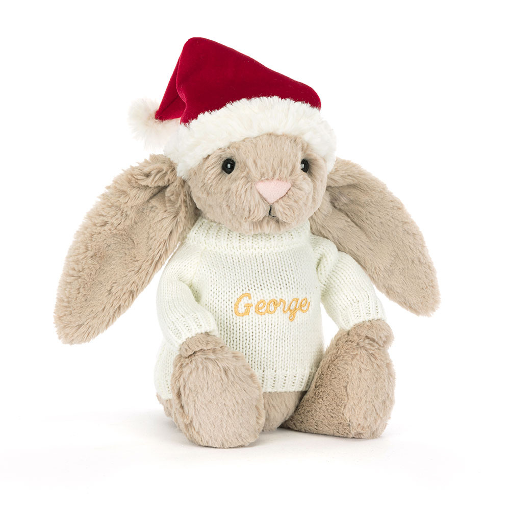 Bashful Christmas Bunny with Personalized Cream Jumper