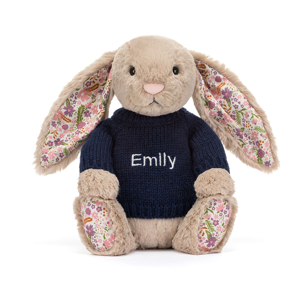 Bashful Beige Bunny 'Petal' with Personalized Navy Jumper