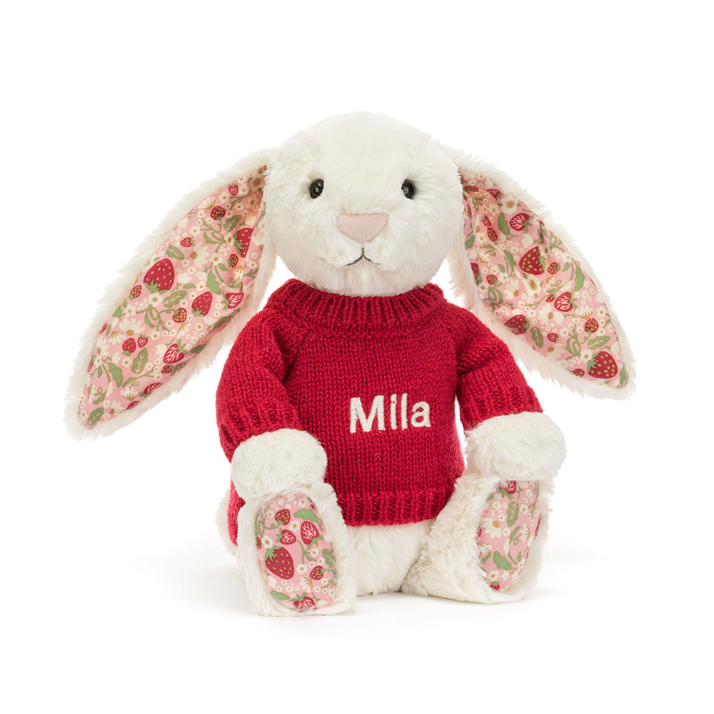Blossom Cream Bunny 'Berry' with Personalized Red Jumper