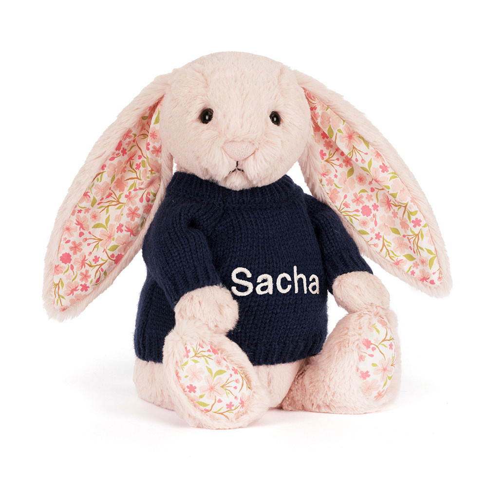 Bashful Blush Bunny 'Cherry' with Personalized Navy Jumper