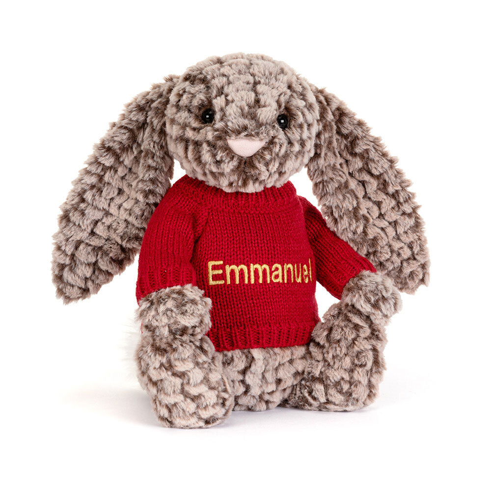 Bashful Luxe Bunny Pine with Personalized Red Jumper