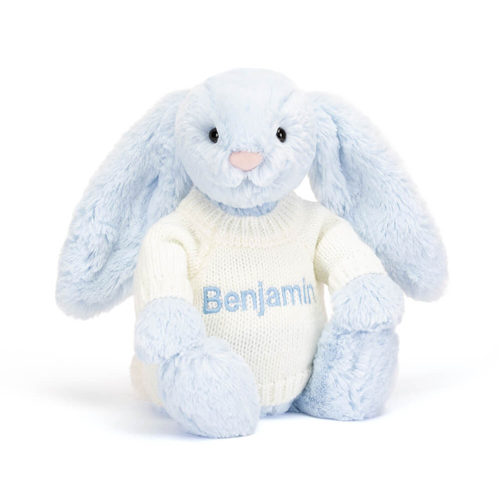 Bashful Blue Bunny with Personalized Cream Jumper - Official Jellycat