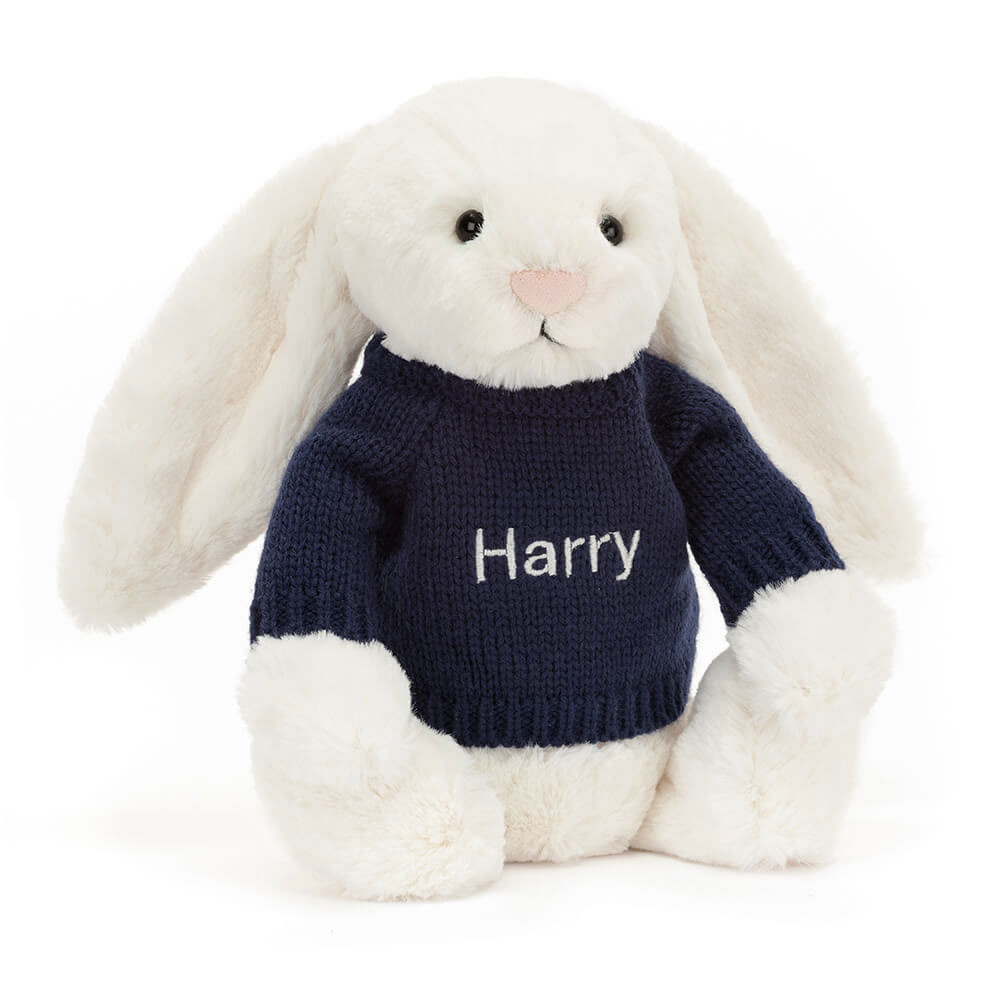 Bashful Cream Bunny with Personalized Navy Jumper - Official Jellycat