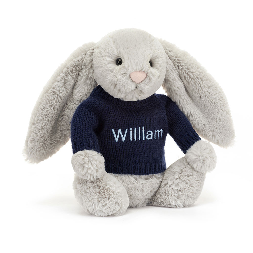 Bashful Silver Bunny with Personalized Navy Jumper - Official Jellycat