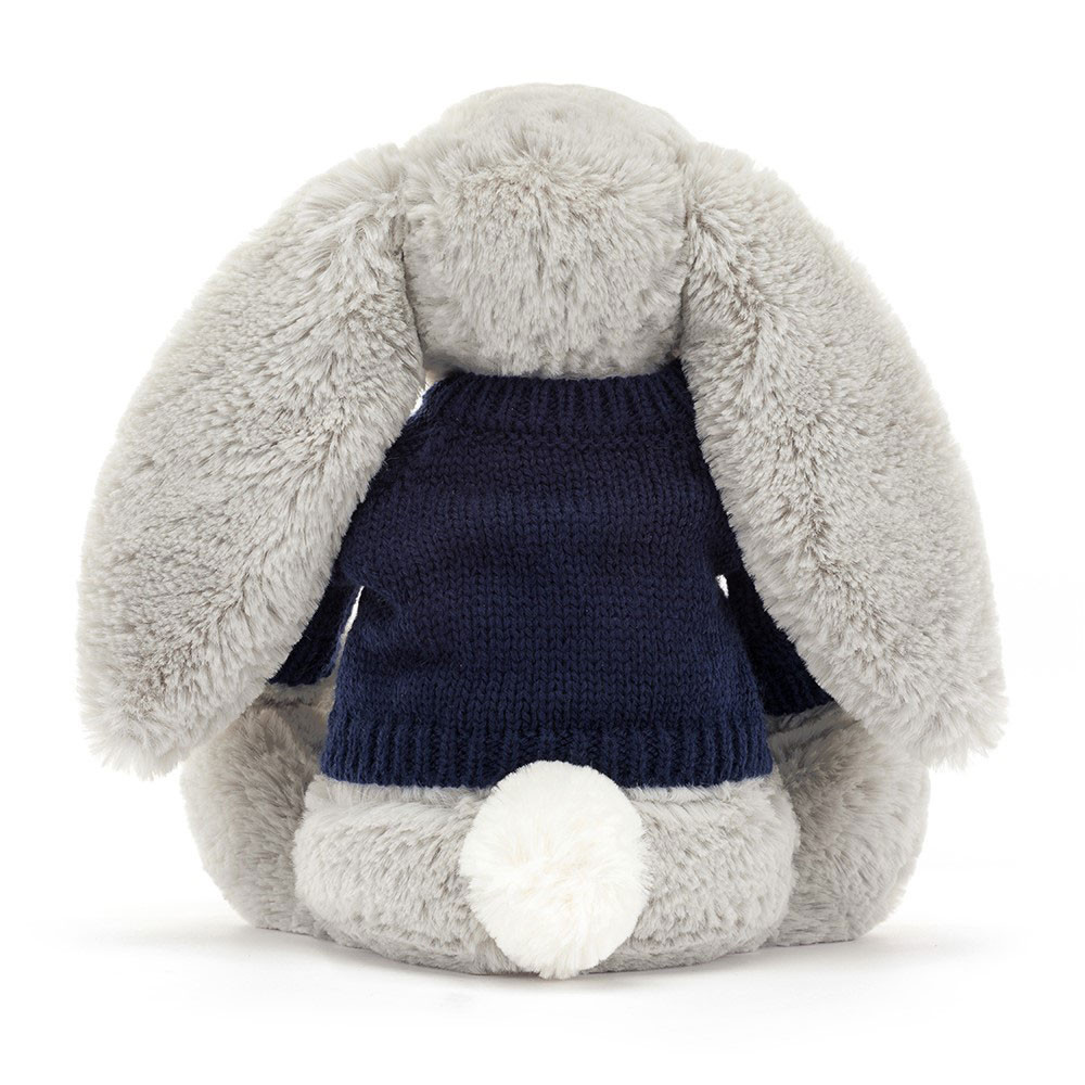 Bashful Silver Bunny with Personalized Navy Jumper - Official Jellycat