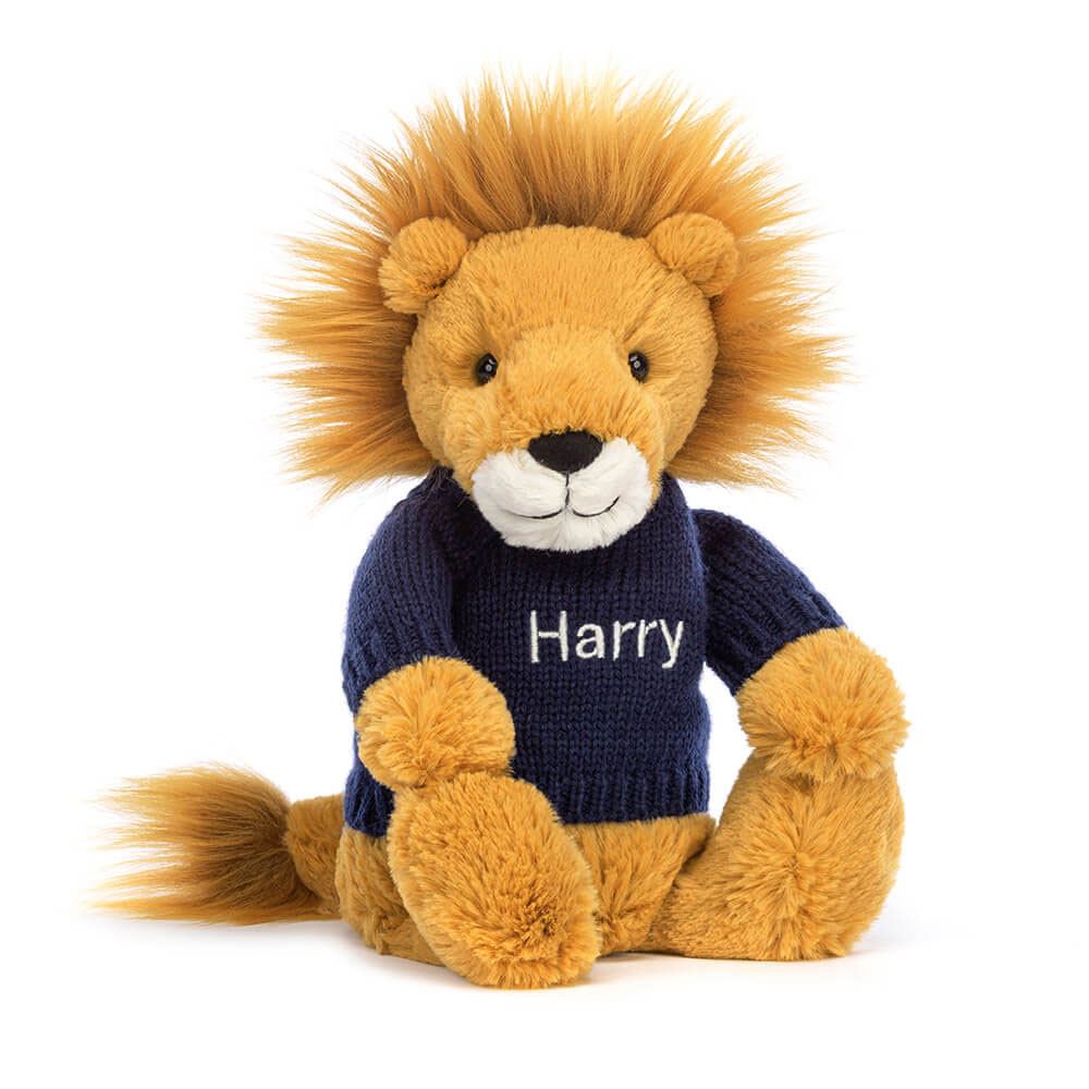 Bashful Lion with Personalized Navy Jumper - Official Jellycat