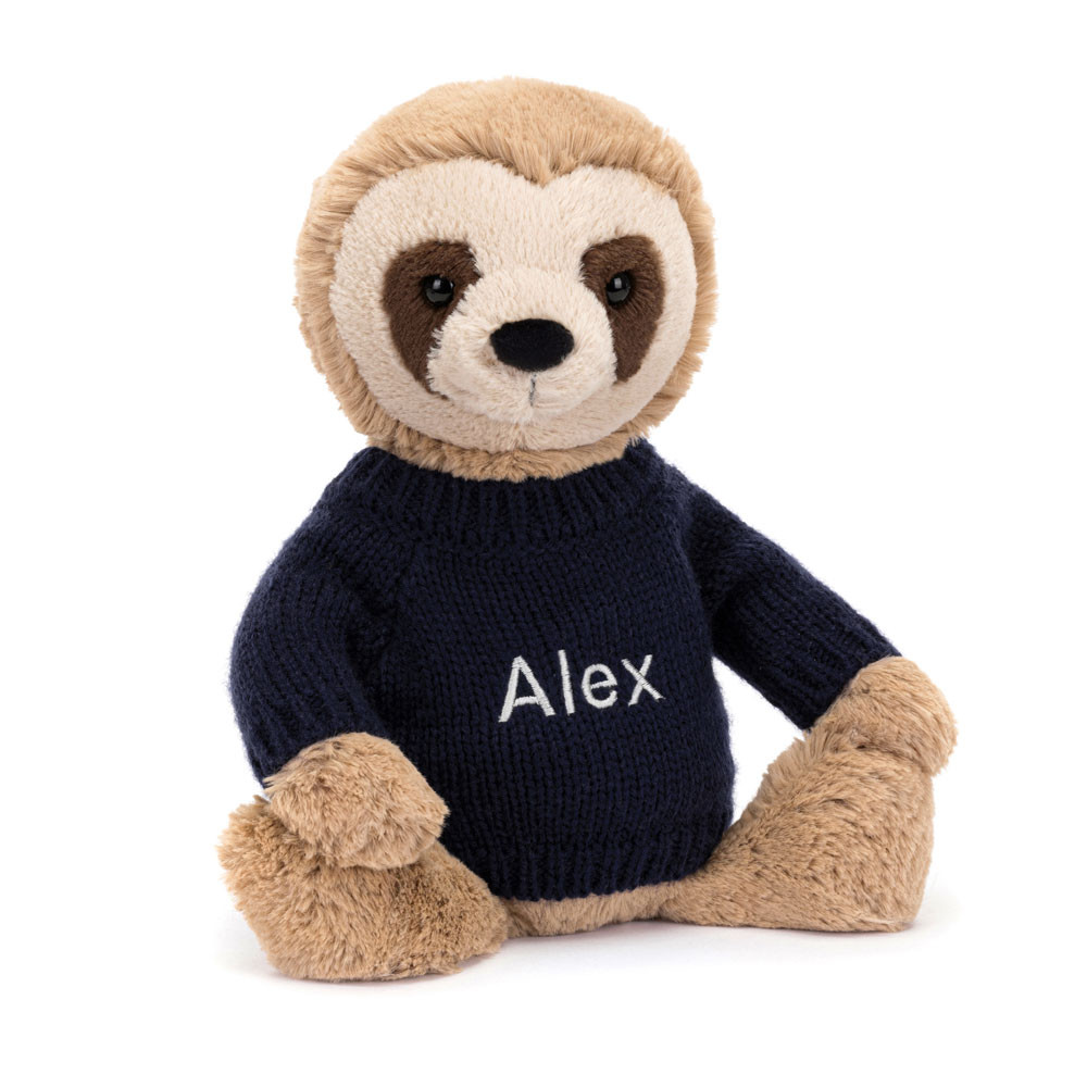 Bashful Sloth with Personalized Navy Jumper - Official Jellycat