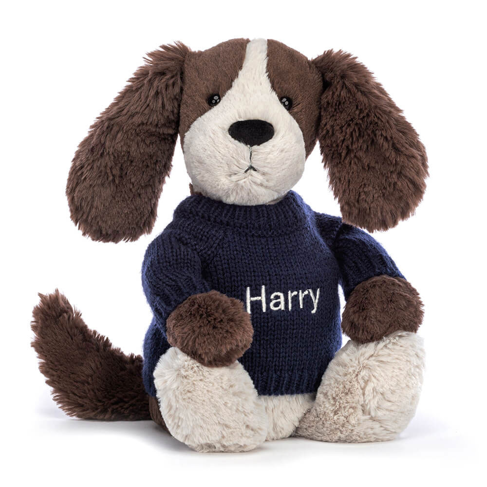 Bashful Fudge Puppy with Personalized Navy Jumper - Official Jellycat