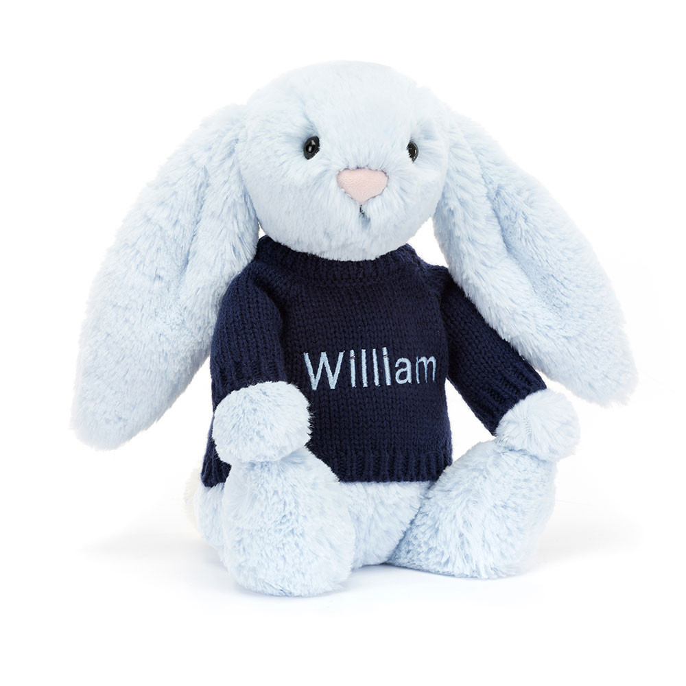 Bashful Blue Bunny with Personalized Navy Jumper - Official Jellycat