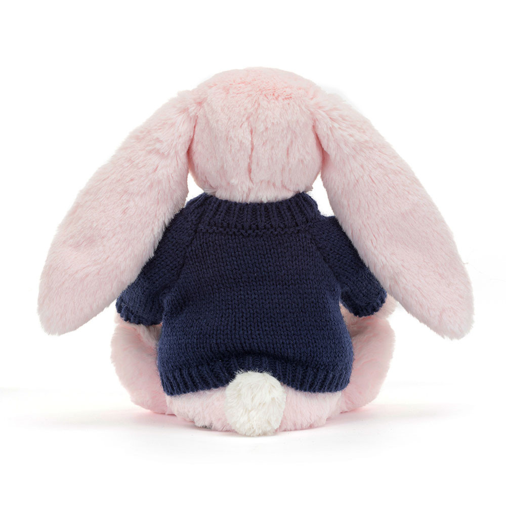 Bashful Pink Bunny with Personalized Navy Jumper - Official Jellycat