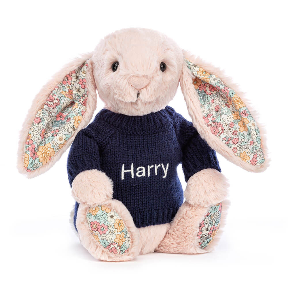 Blossom Blush Bunny with Personalized Navy Jumper - Official Jellycat