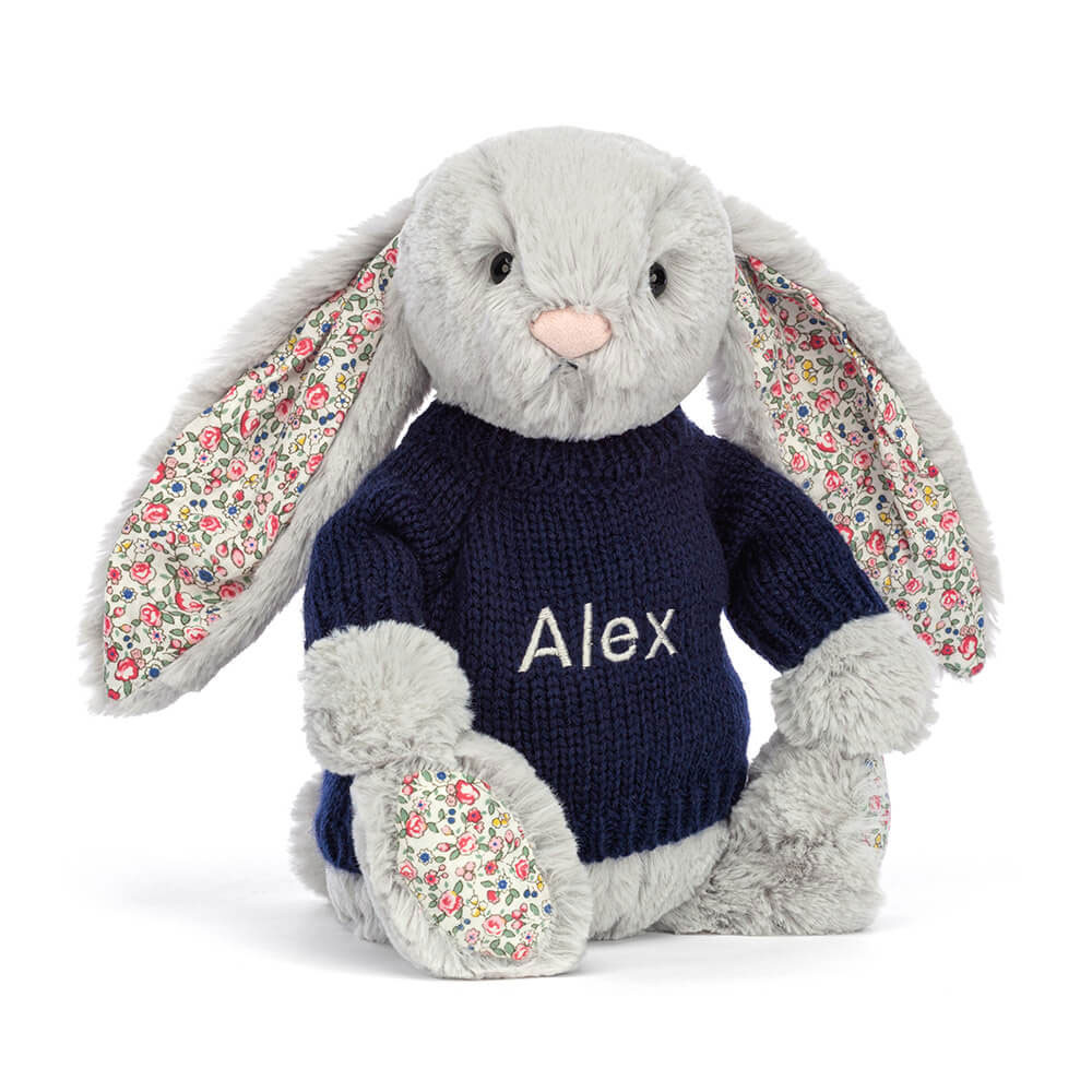 Blossom Silver Bunny with Personalized Navy Jumper